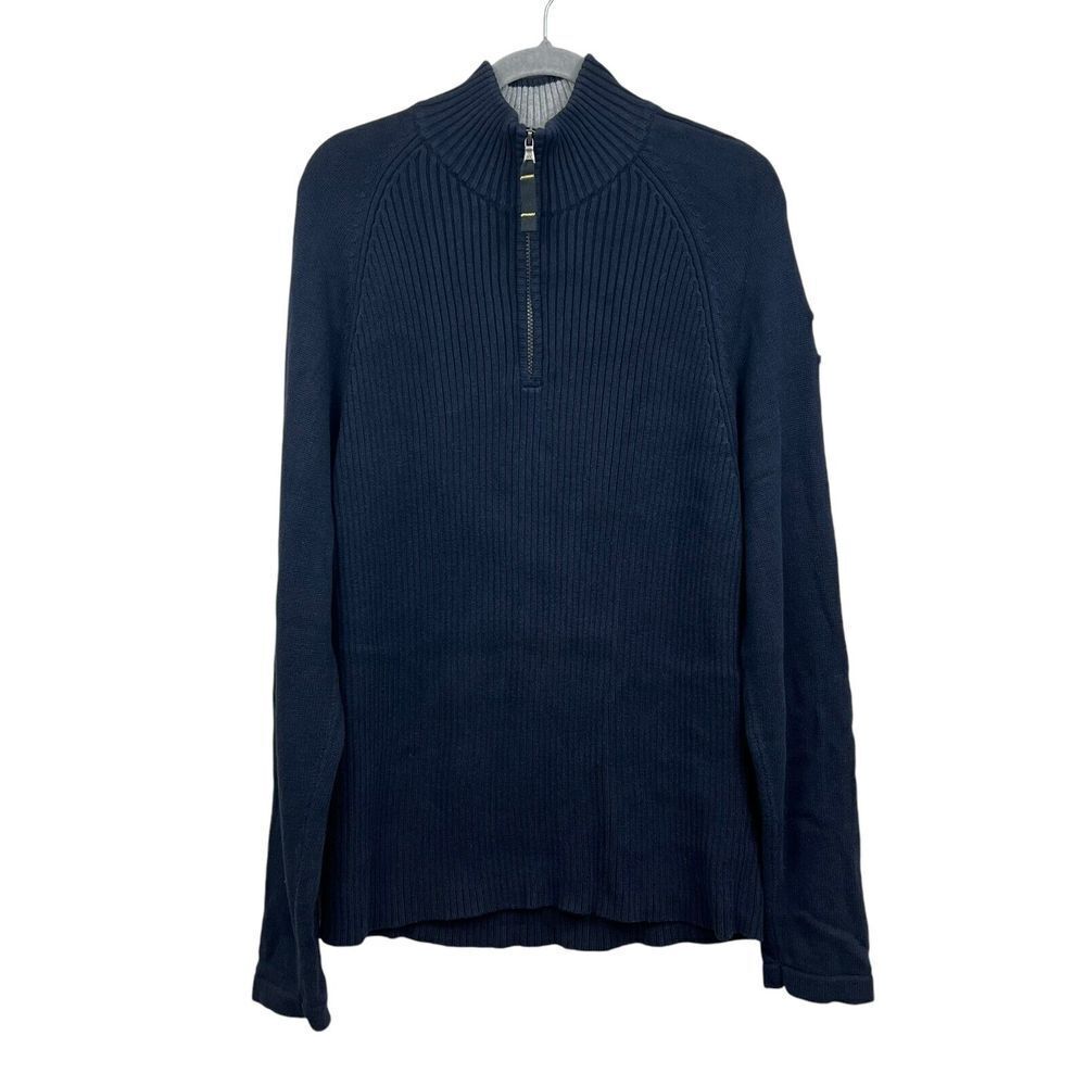 Nautica Jean Co Mens Knit Sweater Ribbed Quarter Zip Mock Neck Navy Blue Sz XL*